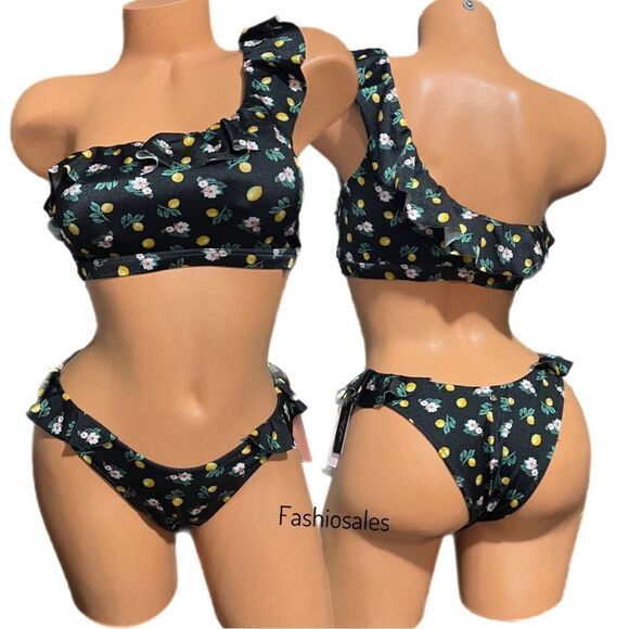 Victoria’s Secret Swim Ruffle One-Shoulder Bikini Top & bottom set Black Lemon - Picture 2 of 13